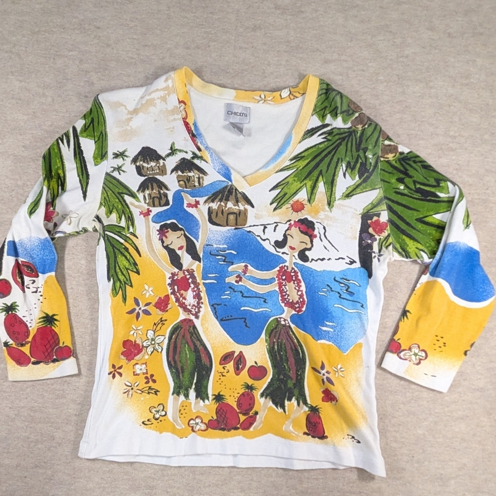 Chico's Tropical Hula Vintage Cotton Print V-Neck 3/4 Sleeves Fun!! Shirt Size L - Picture 1 of 9